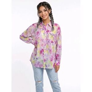 Bar III Floral Watercolor-Print Long Sleeve Button Down Sheer Blouse Size M